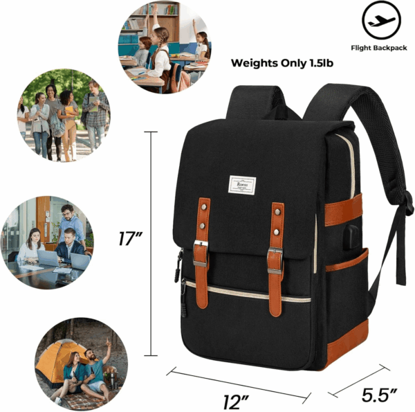 Vintage Laptop Backpack for Women Men,15.6 Inch Bookbag Casual Daypack with USB Charging Port for College Work, Black Backpacks - Image 2