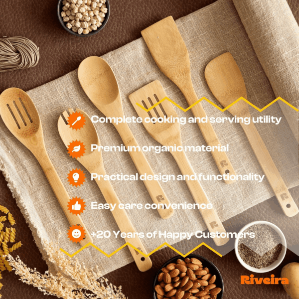 Bamboo Wooden Spoons for Cooking 6-Piece, Apartment Essentials Wood Spatula Spoon Nonstick Kitchen Utensil Set Premium Quality Housewarming Gifts for Everyday Use - Image 6