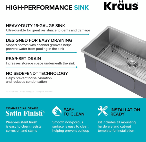 KHU100-32 Standart PRO 16 Gauge Undermount Single Bowl Stainless Steel Kitchen Sink, 32 Inch - Image 6