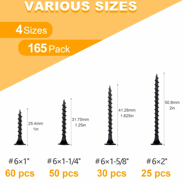 Drywall Screws Assortment Kit, #6 Black Wood Screws for Sheetrock,165Pcs Picture Hanging Kit for Frame Painting Art Photo, Phillips Coarse Dry Wall Screw 4 Sizes 1",1-1/4",1-5/8",2" - Image 8