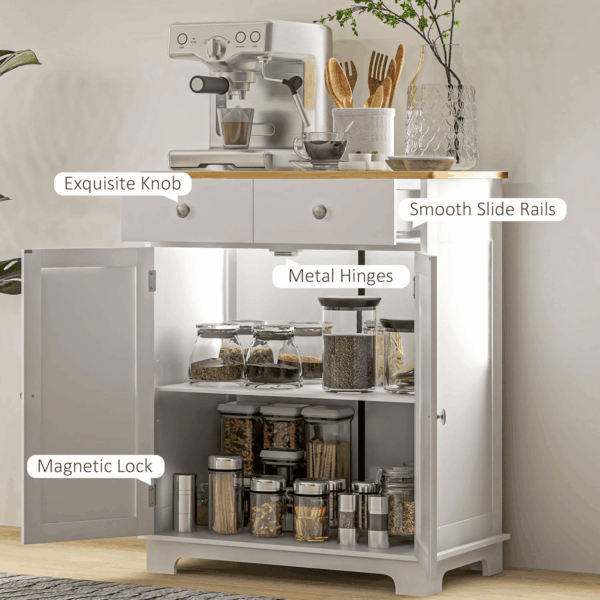 Sideboard with Solid Wood Countertop, Modern Kitchen Storage Cabinet, Coffee Bar Cabinet with 2 Drawers, Doors and Adjustable Shelf, Distressed White - Image 7