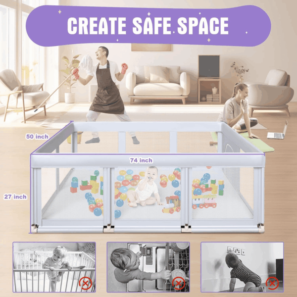 Baby Playpen 74X50 in Playpen for Babies and Toddlers, Large Play Yards for Indoor & Outdoor with Zipper Gates, Breathable Mesh with Mat - Image 3