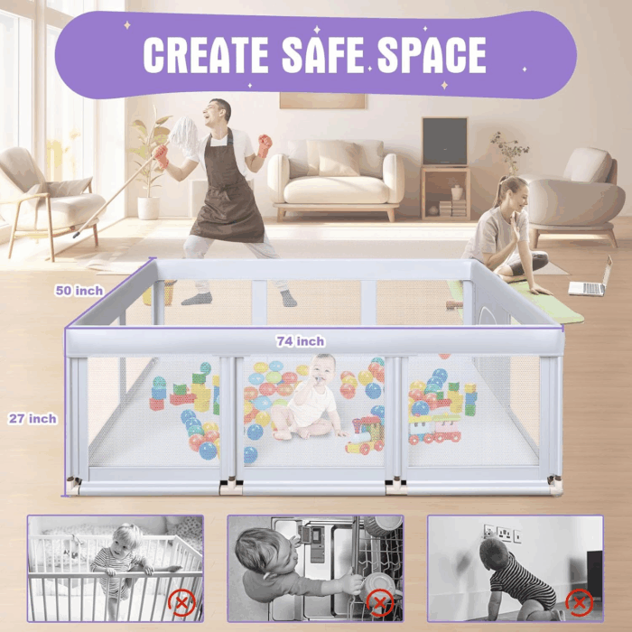 Baby Playpen 74X50 in Playpen for Babies and Toddlers, Large Play Yards for Indoor & Outdoor with Zipper Gates, Breathable Mesh with Mat - Image 3