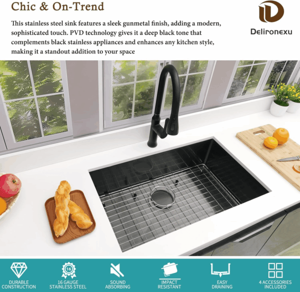 30 Inch Black Undermount Kitchen Sink -  Single Bowl Kitchen Sinks, 16 Gauge Stainless Steel Kitchen Sink Black with 4 Accessories, 30"X18"X9", Modern Design - Image 2