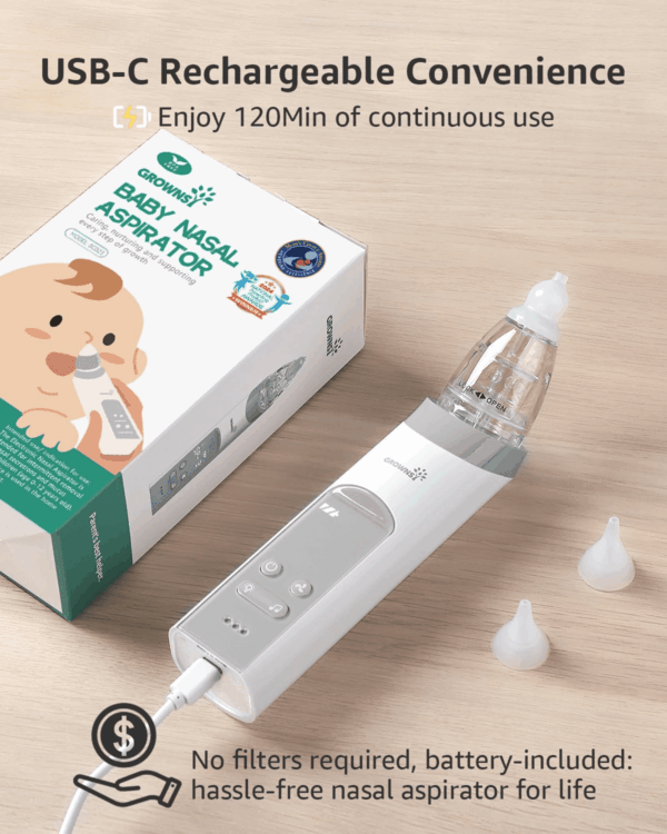 Nasal Aspirator for Baby, Electric Nose Aspirator for Toddler, Baby Nose Sucker, Automatic Nose Cleaner with 3 Silicone Tips, Adjustable Suction Level, Music and Light Soothing Function - Image 7