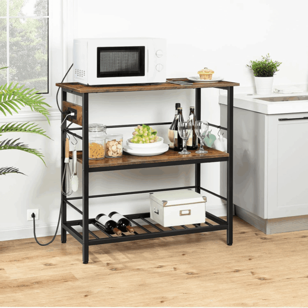 Kitchen Island with Storage, Kitchen Island Table with Power Outlet, 35.4" L 3 Tier Coffee Station and Microwave Stand, for Home, Dining Room, Rustic Brown and Black BF021ZD01 - Image 2
