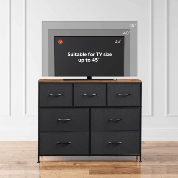 7 Drawer Dresser TV Stand, Entertainment Center, Media Console Table with Metal Frame and Wood Top for TV up to 45 Inch, Chest of Drawers for Bedroom, Living Room, Black and Rustic Brown - Image 5