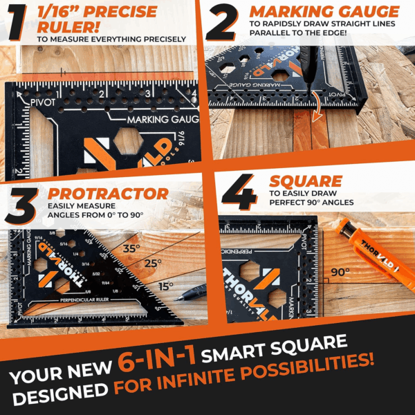 6-In-1 Carpenter Square 7 Inch (1/16" Precision) T Square Multi-Purpose Carpenter Tools : Wrench, Square, Protractor, Ruler, Marking Gauge, Drill Gauge, Includes 2-In-1 Carpentry Pencil - Image 2