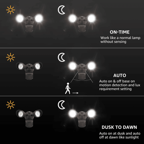COB LED Security Light, Motion Sensor Flood Lights Outdoor, Aluminum, 3 Modes Motion Detector+Dusk to Dawn+Switch Control, 100-277V, Adjustable 2-Head, IP65, 5000K Daylight, ETL, Bronze - Image 2