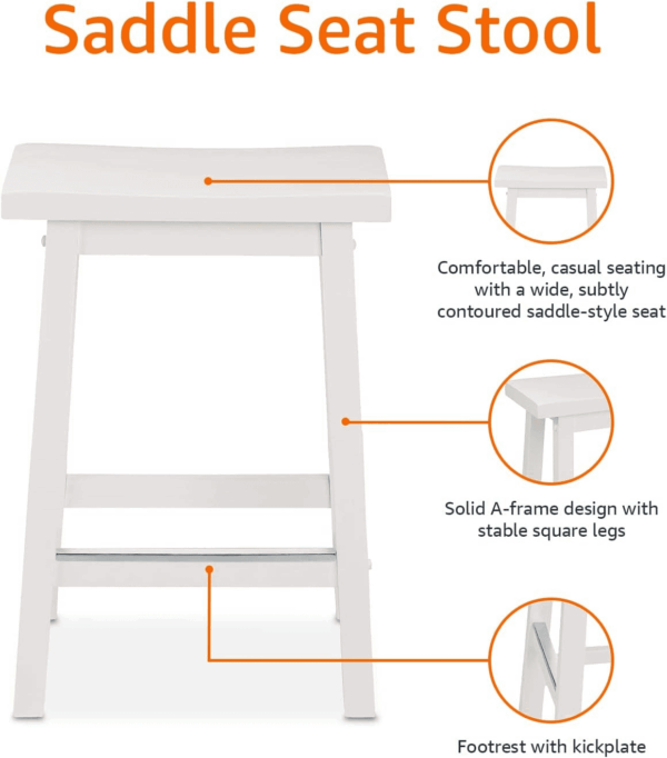 Solid Wood Saddle-Seat Counter Height Kitchen Island Barstool, 24 Inch Height, White - Set of 2 - Image 6