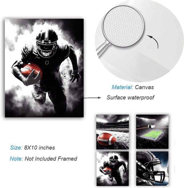 American Football Sport Canvas Wall Art,American Football Art Prints, Rugby Art Poster, Black White Gym Artwork Prints for Bedroom Man Cave Boy'S Bedroom Decor,Set of 4 (8"X10", No Frame - Image 5