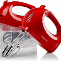 Portable 5 Speed Mixing Electric Hand Mixer with Stainless Steel Whisk Beater Attachments & Snap Storage Case, Compact Lightweight 150 Watt Powerful Blender for Baking & Cooking, Red HM151R