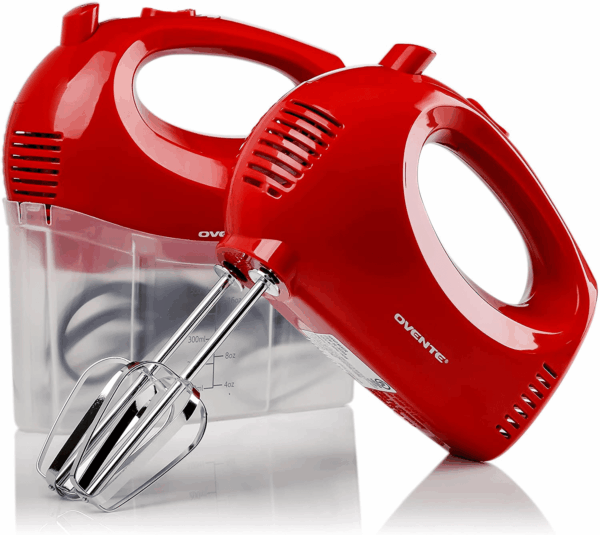 Portable 5 Speed Mixing Electric Hand Mixer with Stainless Steel Whisk Beater Attachments & Snap Storage Case, Compact Lightweight 150 Watt Powerful Blender for Baking & Cooking, Red HM151R