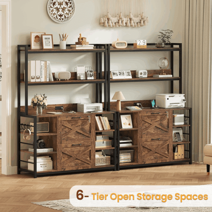 File Cabinet, Filing Cabinet Fits Legal/Letter/A4 Size, 2 Drawer Filing Cabinets for Home Office with Lock, Power Strip and Open Storage Shelves, Rustic Brown - Image 3