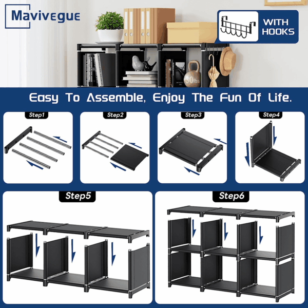 Book Shelf, 12 Cube Storage Organizer, DIY Bookcase, Metal Bookshelf,Tall Book Case for Bedroom, Living Room,Office,Closet, Black Cubicle Rack - Image 8
