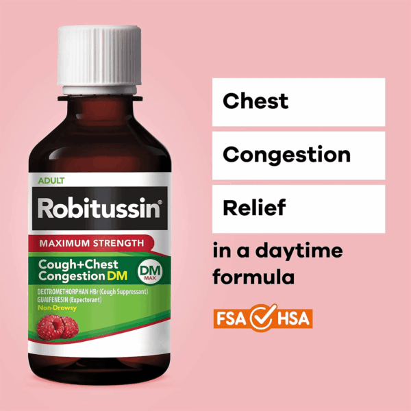 Adult Maximum Strength Cough + Chest Congestion DM Max (4 Fl. Oz. Bottle), Cough Suppressant & Expectorant, Raspberry Flavor - Image 4