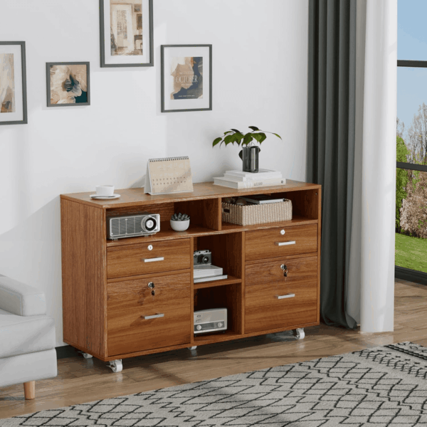 Wide 4 Drawer File Cabinet with Lock, Wood Lateral File Cabinet with Open Shelves, Lockable Rolling File Cabinets for Home Office, Walnut File Cabinet Printer Stand, Letter Sized - Image 10