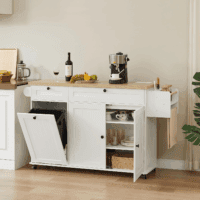 60" Kitchen Island with Power Outlet & Drop Leaf, Kitchen Rolling Island with Spice Rack & Towel Rack, Knife Holder, Kitchen Island Cart with Trash Storage Cabinet, Mobile Island Table for Kitchen - Image 4