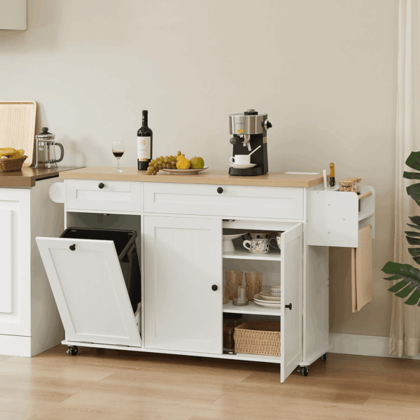 60" Kitchen Island with Power Outlet & Drop Leaf, Kitchen Rolling Island with Spice Rack & Towel Rack, Knife Holder, Kitchen Island Cart with Trash Storage Cabinet, Mobile Island Table for Kitchen - Image 4