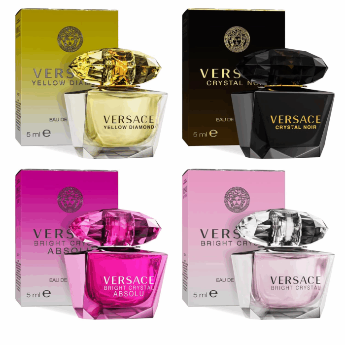 Perfume for Women Set of 4 Mini, Bright Crystal, Yellow Diamond, Crystal Noir, Bright Crystal Absolu, Perfume for Women Fragrance Sampler Set Designer Womens Samples (4 Count, 0.17 Oz)