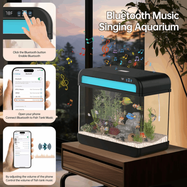 Fish Tank Aquarium 6.3 Gallon Fish Bowl with Music Humidifier 7 Color Auto-Looping Light Adjustable Quiet Pump, Temperature Display, Bottom Water Changer, HD Float Glass, Leak-Proof Thickened Base - Image 4