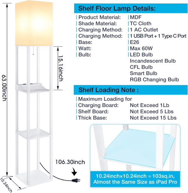 Shelf Lamp, Modern Standing Lights with 1 USB Port and 1 Type C Port and 1 Power Outlet, 3-Tiered Display Floor Lamps with Shelves for Living Room, Bedroom, Office - White - Image 3
