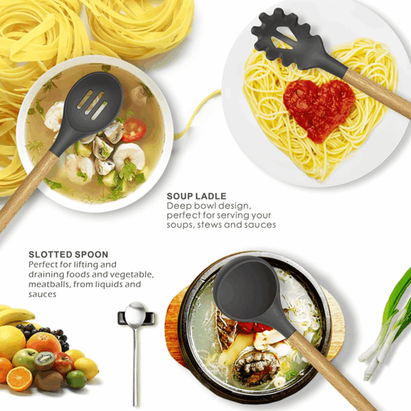 Silicone Cooking Utensils Kitchen Utensil Set - 446°F Heat Resistant Silicone Kitchen Utensils Set, Spatula,Turner Tongs, Spoon, Brush, Whisk,Kitchen Gadgets for Nonstick Cookware, BPA Free (Gray) - Image 2