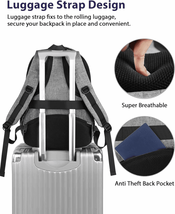 Travel Laptop Backpack, 17 Inch Business Flight Approved Carry on Backpack, TSA Large Computer Bag for Men Women with USB Port and Trolley Sleeve, College School Tactical Book Bag, Grey - Image 3