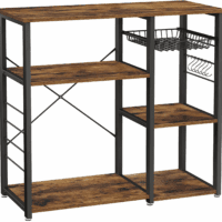 ALINRU Kitchen Baker’S Rack, Coffee Bar, Microwave Oven Stand, with Steel Frame, Wire Basket, 6 Hooks, 35.4", Rustic Brown