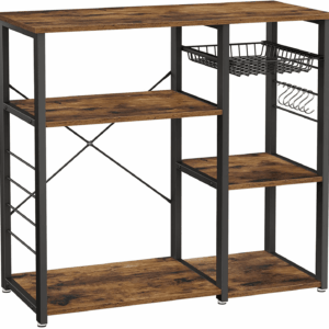 ALINRU Kitchen Baker’S Rack, Coffee Bar, Microwave Oven Stand, with Steel Frame, Wire Basket, 6 Hooks, 35.4", Rustic Brown