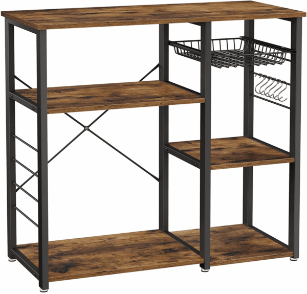 ALINRU Kitchen Baker’S Rack, Coffee Bar, Microwave Oven Stand, with Steel Frame, Wire Basket, 6 Hooks, 35.4", Rustic Brown