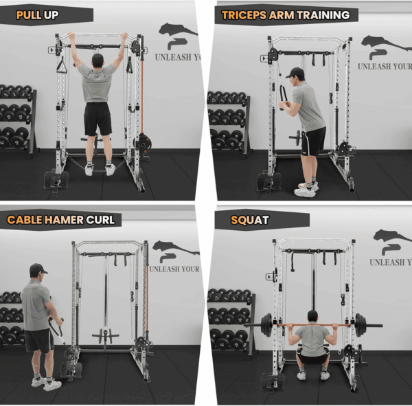Power Cage, 2000 LBS Power Rack with Cable Cross-Over System, Multi-Functional Strength Training Squat Rack with LAT Pull down System, Home Gym Equipment with Training Attachment, White - Image 4