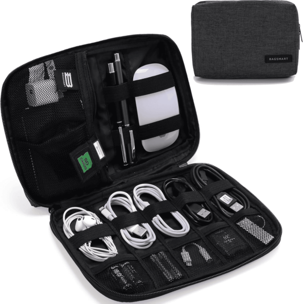 Electronics Organizer Travel Case, Small Cord Bag, Tech Organizer as Travel Accessories for Men Women, Cable Essentials for Phone, SD Card, Black