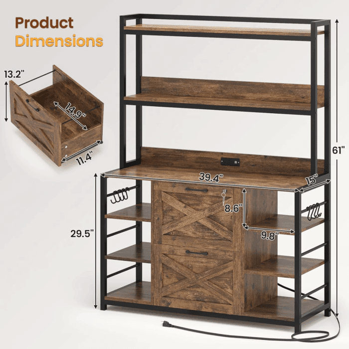 File Cabinet, Filing Cabinet Fits Legal/Letter/A4 Size, 2 Drawer Filing Cabinets for Home Office with Lock, Power Strip and Open Storage Shelves, Rustic Brown - Image 2