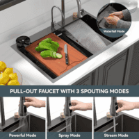 33 Drop Kitchen Sink with Faucet Combo 33"X22" Waterfall Kitchen Sink Workstation Gunmetal Black 16 Gauge Single Bowl Topmount Handmade Sinks with Pull Out Faucet, Glass Rinser Included - Image 6