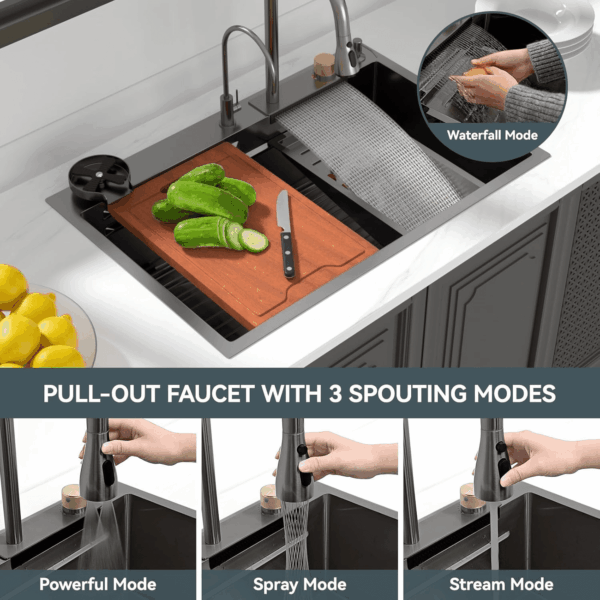 33 Drop Kitchen Sink with Faucet Combo 33"X22" Waterfall Kitchen Sink Workstation Gunmetal Black 16 Gauge Single Bowl Topmount Handmade Sinks with Pull Out Faucet, Glass Rinser Included - Image 6