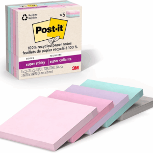 100% Recycled Paper Super Sticky Notes, 3 In. X 3 In., 5 Pads, 70 Sheets per Pad, Wanderlust Pastels, School Supplies and Office Products