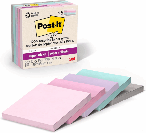 100% Recycled Paper Super Sticky Notes, 3 In. X 3 In., 5 Pads, 70 Sheets per Pad, Wanderlust Pastels, School Supplies and Office Products
