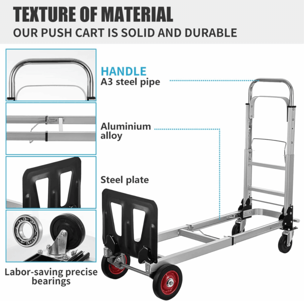 2 in 1 Aluminium Hand Truck Dolly 450Lbs Capacity, Heavy Duty Convertible Hand Truck W/Pneumatic Wheels, Foldable Dolly Cart Collapsible Dolly for Moving with Retractable Handle - Image 4