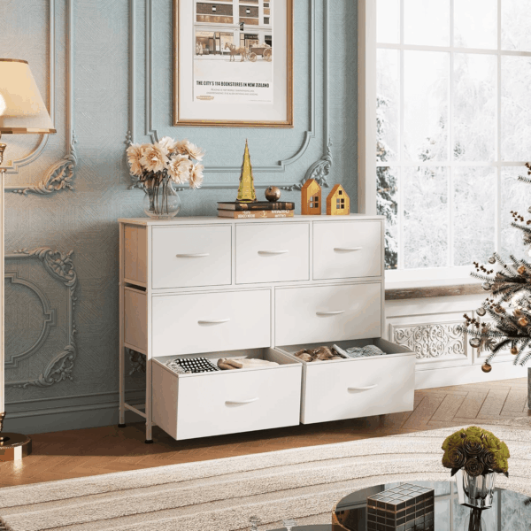 7 Drawer Dresser TV Stand, Dressers for Bedroom, Fabric Storage Tower, Hallway, Entryway, Closets, Sturdy Steel Frame, Wood Top, Easy Pull Handle, White - Image 2