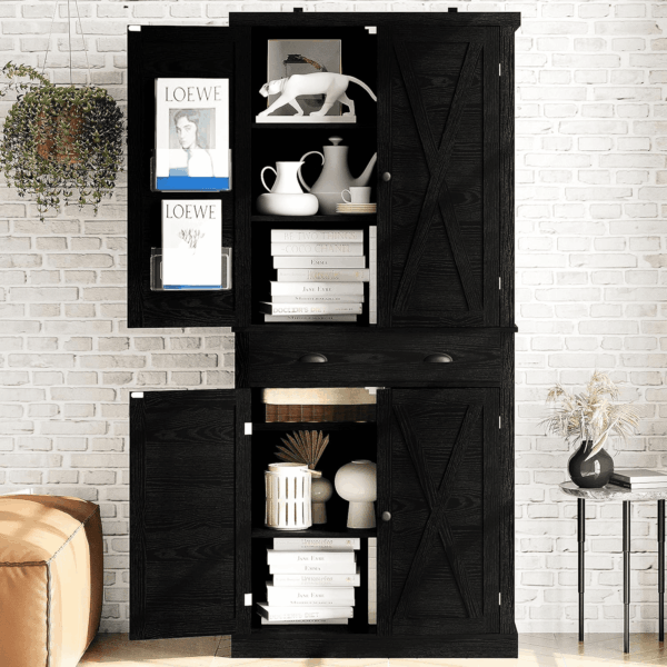 Kitchen Pantry Storage Cabinet 72.6" H, with Barn Doors, Drawer, 4 Adjustable Shelves, Freestanding Cupboard for Dining Room Living Room, Laundry, Black - Image 2