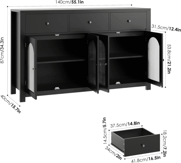 Buffet Cabinet with Storage, 55.1" Large Sideboard Buffet Farmhouse Kitchen Cabinet with 3 Drawers and 4 Doors, Wood Coffee Bar for Kitchen, Black - Image 3