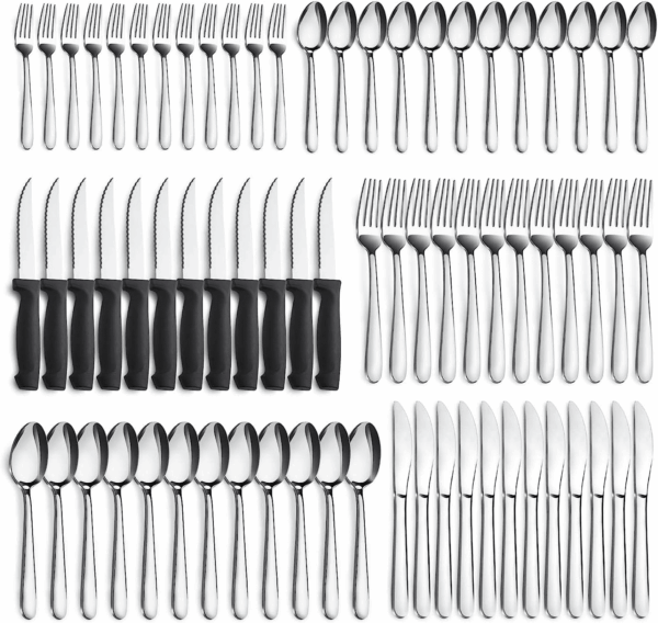 72-Pieces Silverware Set for 12, Flatware Set with Steak Knives, Stainless Steel Cutlery Set, Include Forks Spoons and Knives Set, Dishwasher Safe Utensil Sets for Home Restaurant