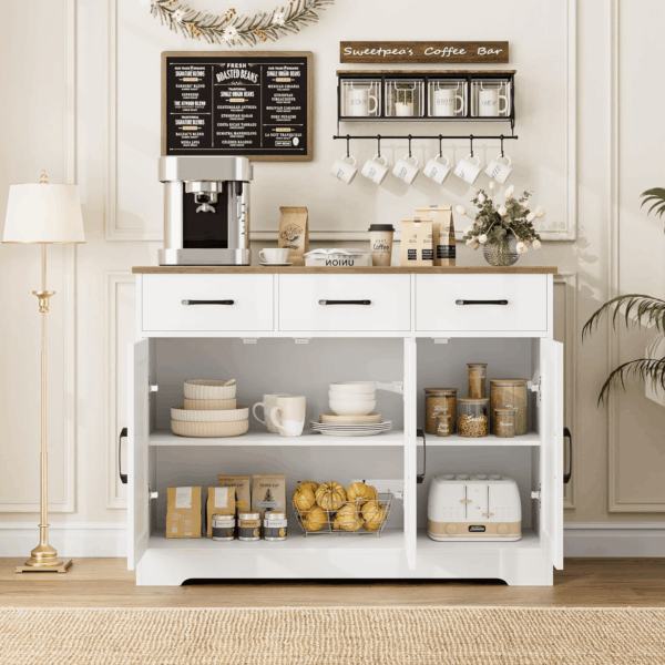 Modern Farmhouse Sideboard Buffet Cabinet, Barn Doors Buffet Storage Cabinet with Drawers and Shelves, Wood Coffee Bar with Storage for Kitchen, Dining Room, Living Room, White - Image 4