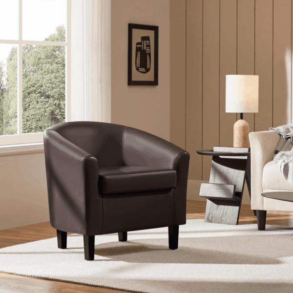 Leather Club Chair, Faux Leather Accent Chair, Modern Living Room Armchair with Wood Legs and Padded Seat for Bedroom Reception Room, Espresso - Image 2