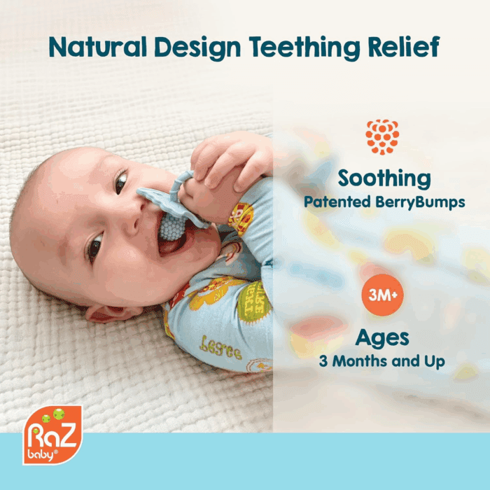 Razberry Silicone Teether Pacifier – Teething Relief for Infants, Food-Grade, Bpa-Free, Hands-Free, Natural Berrybumps Fruit Texture for Sensory Development, Freezable, 2-Pack - Red & Blue - Image 2