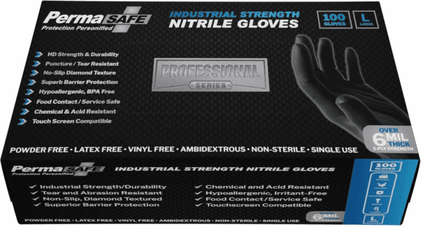 Permasafe HD Black Disposable Nitrile Industrial Gloves, 6+ Mil, Latex-Free, Raised Textured, Mechanics, Medical, Food, More - Image 2