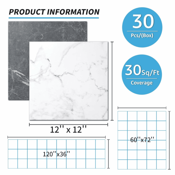 Peel and Stick Vinyl Floor Tiles 30-Pack 12 X 12 Inch, Self Adhesive Waterproof Flooring Planks for Kitchen, Dining Room, Bedrooms, Cover 30 Sq. Ft, Black & White Marble (15 Tiles per Color) - Image 4