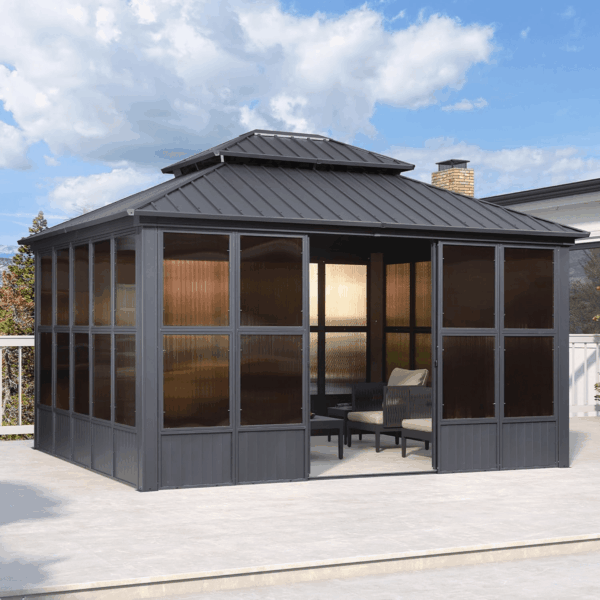 12' X 14' Solarium Sunroom Permanent Hardtop Gazebo Galvanized Steel Double Roof Aluminum Outdoor Screen House for Lawn Deck Backyard Grey - Image 3