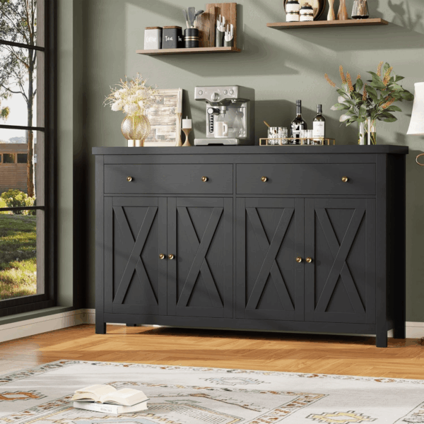 Sideboard Buffet Cabinet with Storage, 55" Large Kitchen Storage Cabinet with 2 Drawers and 4 Doors, Wood Coffee Bar Buffet Table for Kitchen Dining Room, Black - Image 2